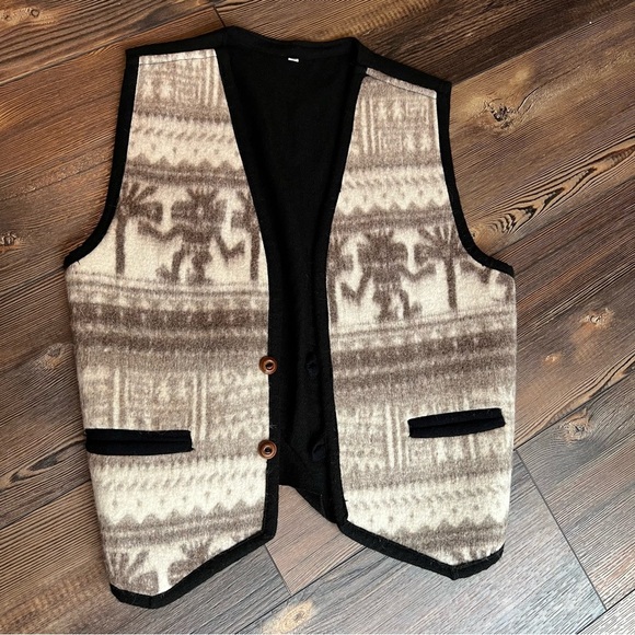 Vintage Taupe cream black wool vest size XL extra large Retro boho - Picture 1 of 10